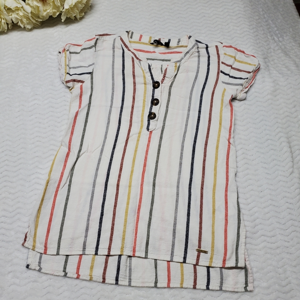 Ellen Tracy Linen Blend Top Small Half Button Up Short Sleeve Summer Top